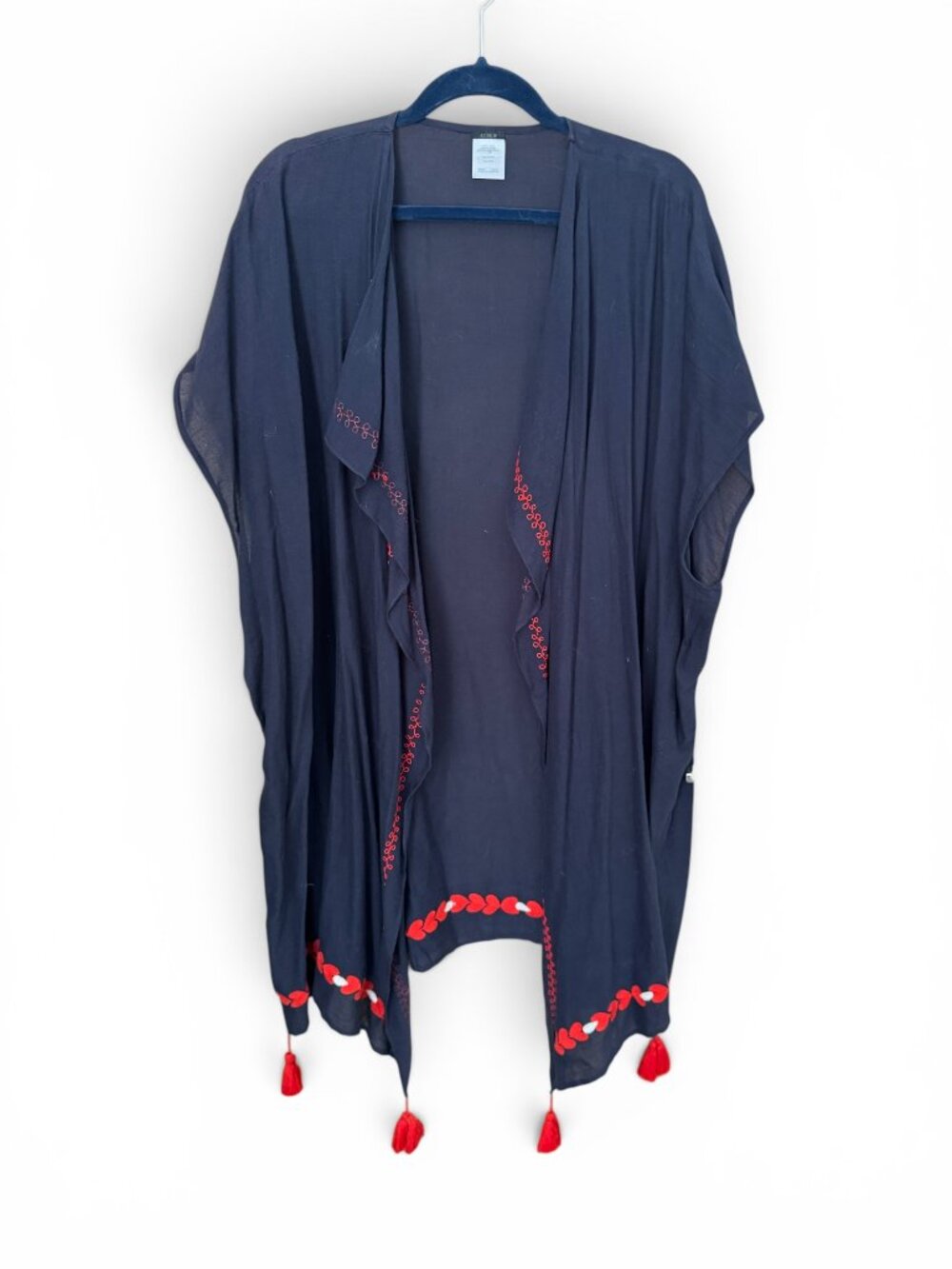 J. Crew Navy Blue Cotton Beach Coverup with Red Embroidery